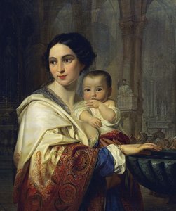 Mutter mit Kind auf dem Arm, das Weihwasser schöpft