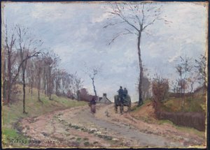 Kutsche auf einer Landstraße im Winter, Vororte von Louveciennes von Camille Jacob Pissarro