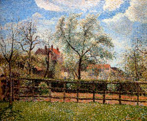 Birnbäume und Blumen in Eragny, Morgen, 1886 von Camille Jacob Pissarro