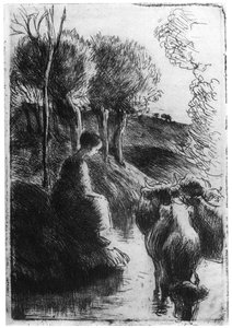 Vachere au Bord de Leau, Kuhhirtin am Wasser, ca. 1850-1900, 1924 von Camille Jacob Pissarro