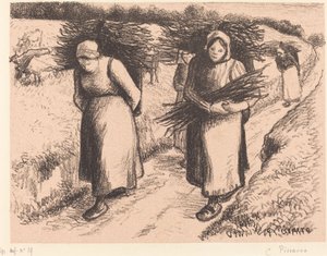 Bäuerinnen, die Stöcke tragen von Camille Pissarro