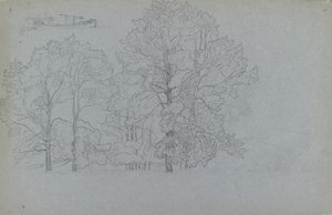 Studie von Bäumen, mit einer leichten Studie eines Lastkahns, 1859 von Camille Pissarro