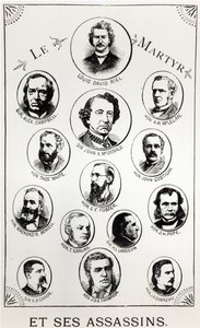 Louis Riel (1844-85) und seine Mörder, Illustration aus Le Gibet de Regina, veröffentlicht 1886 von Canadian School