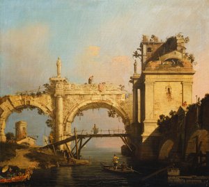 Ein Capriccio einer zerstörten Renaissance-Arkade und eines Pavillons an einem Wasserweg, der von einer Holzbrücke überquert wird, ein Orientalischer in einem exotisch dekorierten Boot im Vordergrund