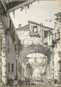 Capriccio: Eine von Bögen durchquerte Straße (recto) Skizzen von Tür, Treppe und zweitem Stockwerk eines Gebäudes (verso) von Canaletto