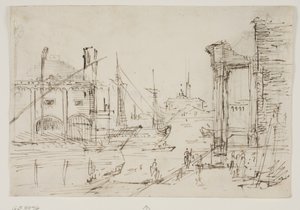 Capriccio mit klassischen Ruinen an einem Kai, einem Bootshaus, zwei Galeeren, zwei Masten eines Segelschiffs dahinter, eine Kuppelkirche im Hintergrund von Canaletto