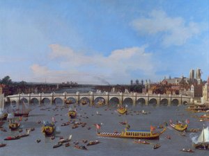 Westminster Bridge mit der Prozession des Lord Mayor auf der Themse