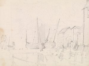 Skizze von gestrandeten Segelbooten und Stelzenhäusern, Hastings von Capt. Thomas Hastings