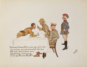 Verteidigungskommandanten beweisen, dass die beiden 6,3-Zoll-Haubitzen in seinem speziellen Abschnitt absolut notwendig sind, aus The Leaguer of Ladysmith, 1900