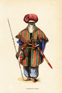 Edler Tuareg-Krieger von Agadez, Niger, in Tagelmust (Turban und Schleier), Taktkat (Hemd) und Akarbey (Hose)