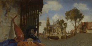 Ansicht von Delft mit Stand eines Musikinstrumentenverkäufers von Carel Fabritius