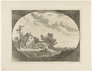 Landschaft mit Herberge und ruhenden Pferden und Wagen und Reitern