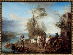 Jagd, Wäscherinnen und Schwimmen am Flussufer von Carel van Falens or Valens