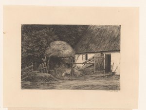 Bauernhof mit Heuhaufen und Hühnern