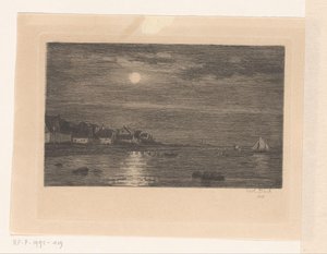 Dorf am Wasser bei Mondlicht