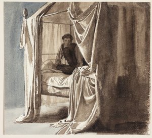 Ein Bett mit Baldachin. Studie zum Bild "Niels Ebbesen und Graf Gert" ausgestellt 1868 von Carl Bloch