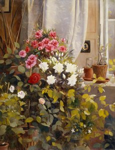 Azaleen, Geranien, Rosen und andere Topfpflanzen am Fenster von Carl Christian Carlsen