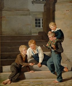 Jungen spielen Würfel vor Schloss Christiansborg, Kopenhagen, 1834