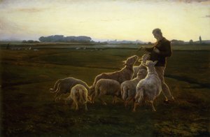 Ein Schäfer und seine Schafe mit Gänsen im Hintergrund