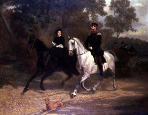 Eine Dame und ein Offizier, möglicherweise Kronprinz und Kronprinzessin von Preußen, reiten in einem Park