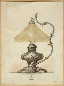 Zeichnung einer silbernen Tischlampe mit verdrehtem, gerilltem Körper im Rokoko-Stil, Haus von Carl Fabergé von Carl Fabergé