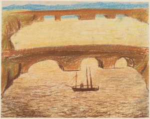 Lange Steinbrücken über Fluss mit einem Schiff von Carl Fredrik Hill