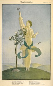 Zeichnung zum Gedicht "Vorsommertag": Eine Frau, die nach einem Schmetterling greift