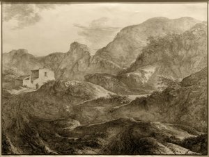 Gebirgslandschaft, links ein Haus mit einem Wanderer davor von Carl Friedrich von Rumohr