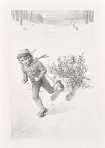 Zwei Kinder, durch Winterlandschaft fahrend von Carl Fröschl