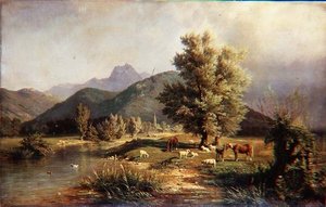 Bergige bewaldete Landschaft mit Pferden und Schafen