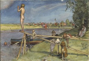 Ein angenehmer Badeplatz. Aus Einem Zuhause (26 Aquarelle) von Carl Larsson