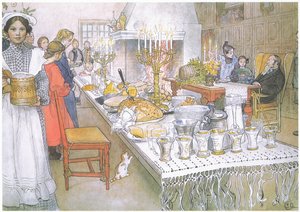 Am Heiligabend ist der riesige lange Tisch in der großen Halle absolut mit Essen bedeckt von Carl Larsson