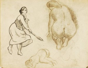 Frau mit Tennisschläger und zwei Figurenstudien