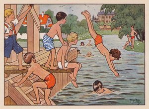 Jungen schwimmen und tauchen