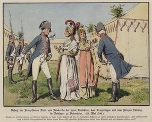 Prinzessinnen Louise und Frederica von Mecklenburg-Strelitz besuchen ihre Verlobten, Kronprinz Friedrich Wilhelm von Preußen und Prinz Ludwig von Hannover im Militärlager von Bodenheim, 20. Mai 1793