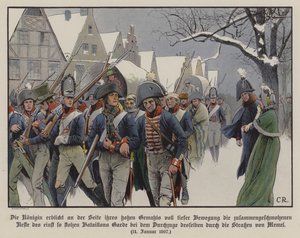 Der Rest der preußischen Armee marschiert an König Friedrich Wilhelm III. und Königin Luise durch die Straßen von Memel vorbei