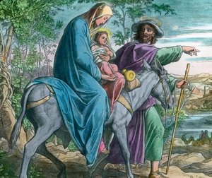 Flucht nach Ägypten, biblische Illustration (undatiert) von Julius Schnorr von Carolsfeld, Bilddatum: ca. 1900 von Carl Simon