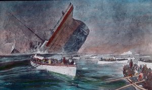Die Jungfernfahrt der Titanic 1912 - der Untergang der Titanic - Rettungsboote mit Überlebenden der Titanic-Katastrophe, Illustration