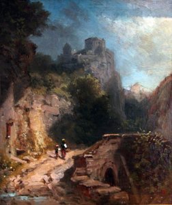 Gebirgslandschaft mit Brücke und Burg