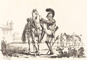 Karabinier, der ein Pferd besteigt von Carle Vernet