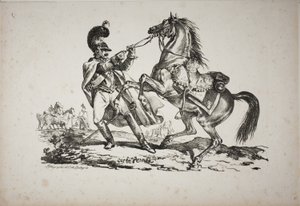 Kürassier zu Fuß, der sein steigendes Pferd zurückhält