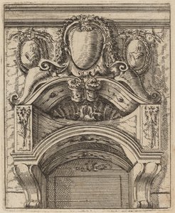 Architektonisches Motiv mit drei Schilden, zwei mit Figuren