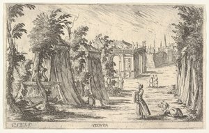 Ansicht mit einem Mann im Turban und einem Löwen rechts, Zelte und klassische Architektur, 1680-1710 von Carlo Antonio Buffagnotti