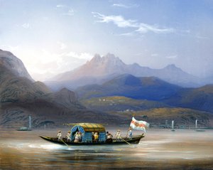 Comer See. Ein Boot. Im Hintergrund ist der Berg Groma zu sehen, um 1830. von Carlo Bossoli