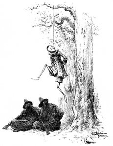 Pinocchio von Carlo Chiostri (1863-1939), einer der ersten italienischen Illustratoren von Collodis Werk. Die Holzpuppe wird von zwei Banditen (der Katze und dem getarnten Fuchs) an einem Baum aufgehängt