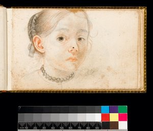 Kopf und Schultern eines jungen Mädchens, ihr Haar um den Hinterkopf geflochten, trägt eine Halskette, 1667-1670 von Carlo Dolci