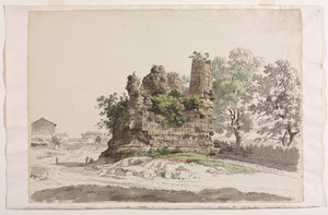 Das sogenannte Grabmal der Curiatii-Brüder in Albano, mit der Kirche Madonna della Stella im Hintergrund links