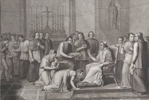 Eine Frau kniet, um den Fuß von Papst Pius VII. zu küssen, mit einer Menge hinter ihr links, 1814-50 von Carlo Lasinio