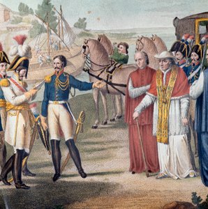 Papst Pius VII. wurde bei seiner Rückkehr nach Italien von der austro-neapolitanischen Armee in der Nähe von Parma am 25. März 1814 verhaftet. Gravur von Carlo Lasinio - Farblithographie von Carlo Lasinio