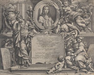 Frontispiz mit ovalem Porträt von Raphael, mit drei allegorischen Figuren der Künste, 1675